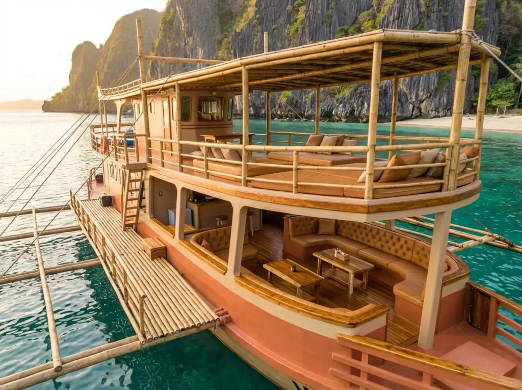 Double-deck wooden charter boat with bamboo outriggers, cushioned daybeds, and leather lounge seating, anchored in turquoise water beside limestone cliffs in El Nido, Palawan.