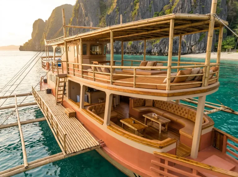 Double-deck wooden charter boat with bamboo outriggers, cushioned daybeds, and leather lounge seating, anchored in turquoise water beside limestone cliffs in El Nido, Palawan.