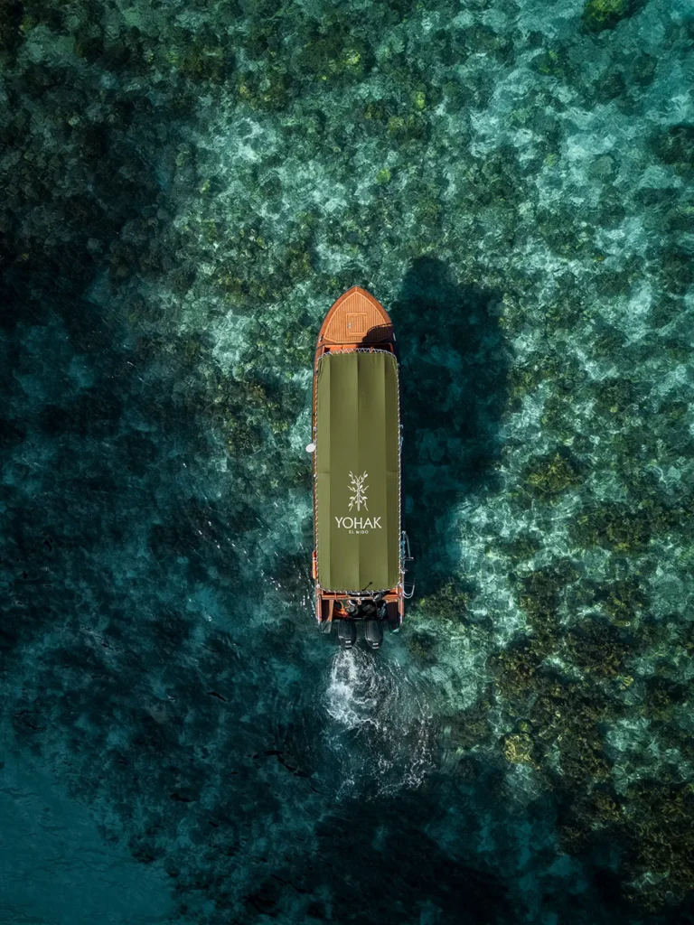 Top-down aerial drone shot of the Yohak speedboat with a green canopy cruising over a highly visible coral reef in El Nido.