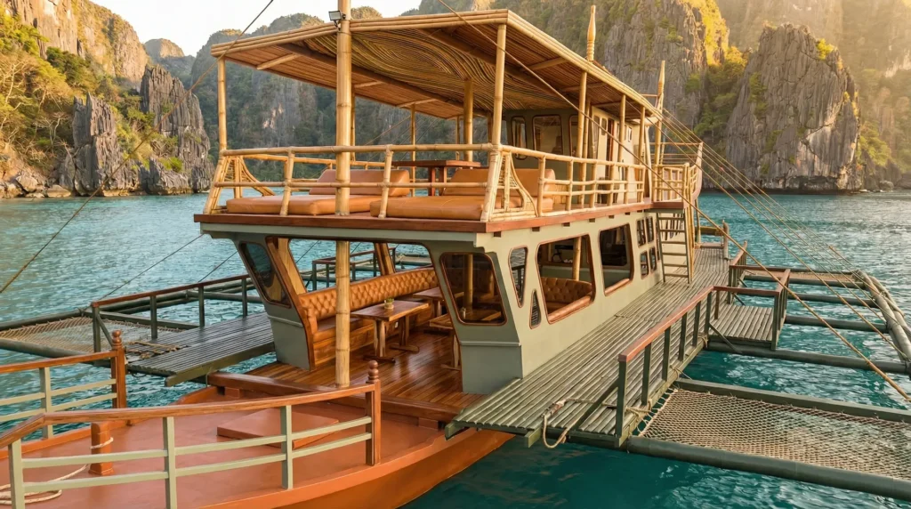 Close-up view of the Yohak luxury outrigger boat anchored in El Nido, featuring a premium wooden deck, bamboo architecture, and tan leather lounge seating against a backdrop of limestone cliffs.