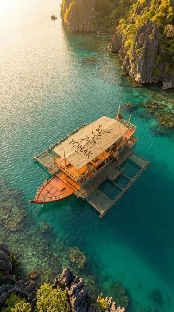 Aerial top-down view of the Yohak outrigger boat floating over clear turquoise reefs in El Nido, Palawan, displaying the custom Yohak logo on its bamboo roof.