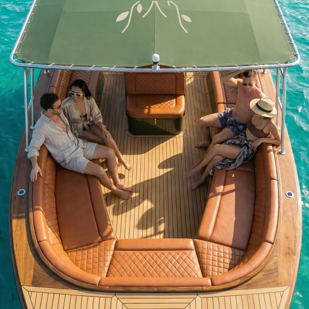 Front view perspective of the Yohak speedboat with four happy guests cruising the waters of El Nido, Palawan.