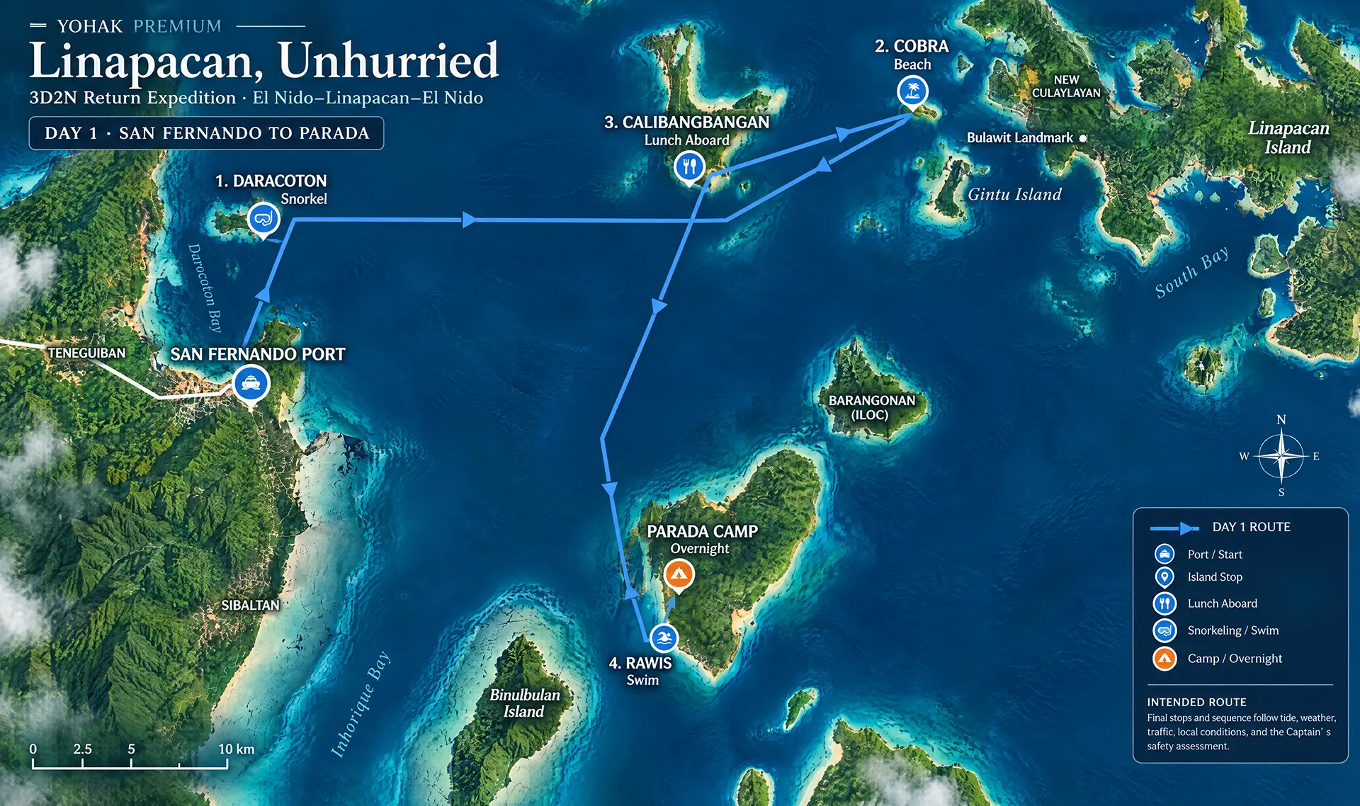 Yohak Premium Linapacan Unhurried day 1 illustrated expedition route map.