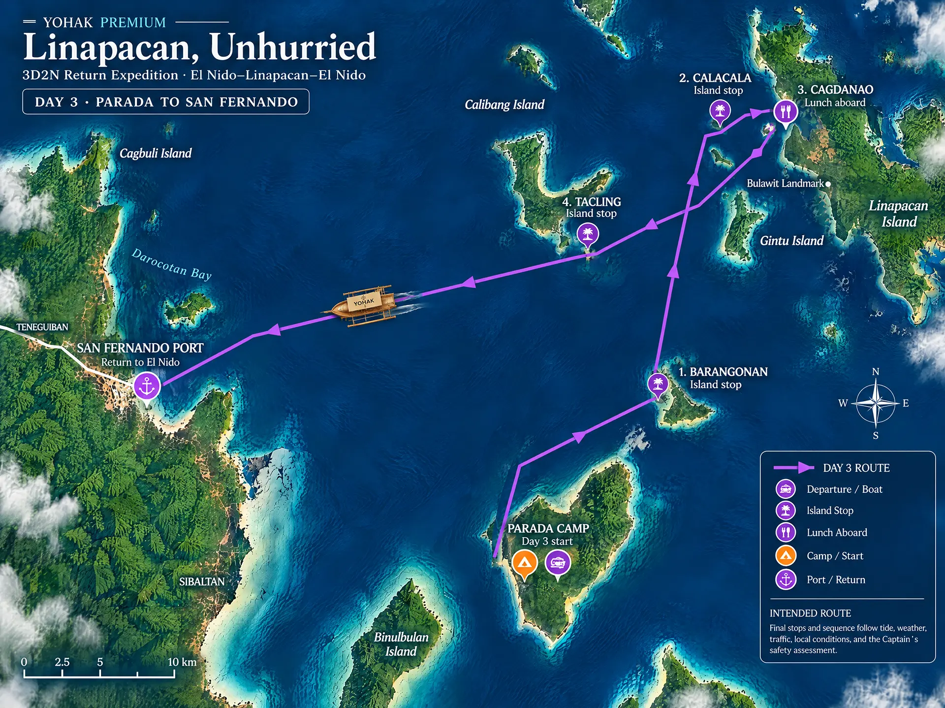 Yohak Premium Linapacan Unhurried day 3 illustrated expedition route map.