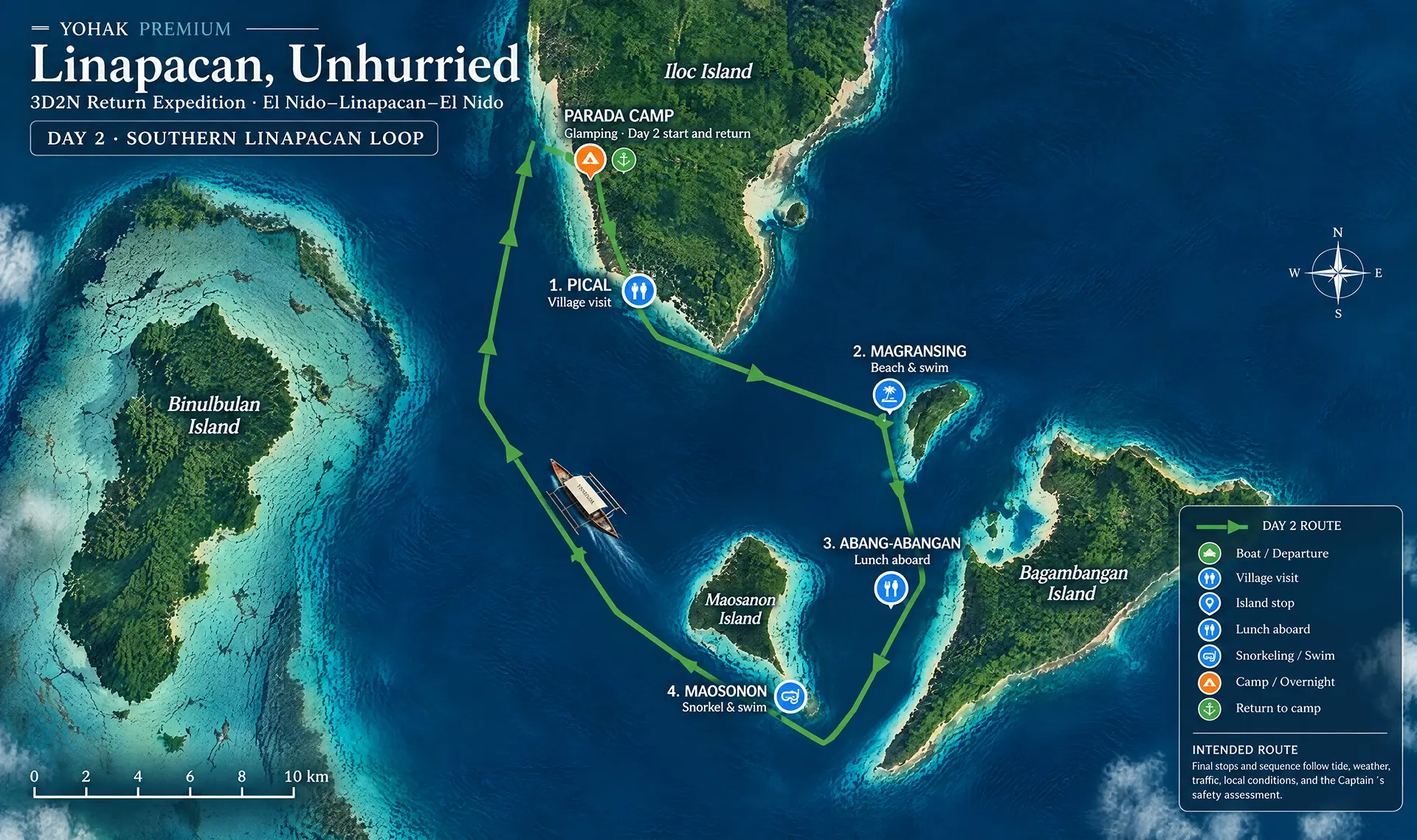 Yohak Premium Linapacan Unhurried day 2 illustrated expedition route map.