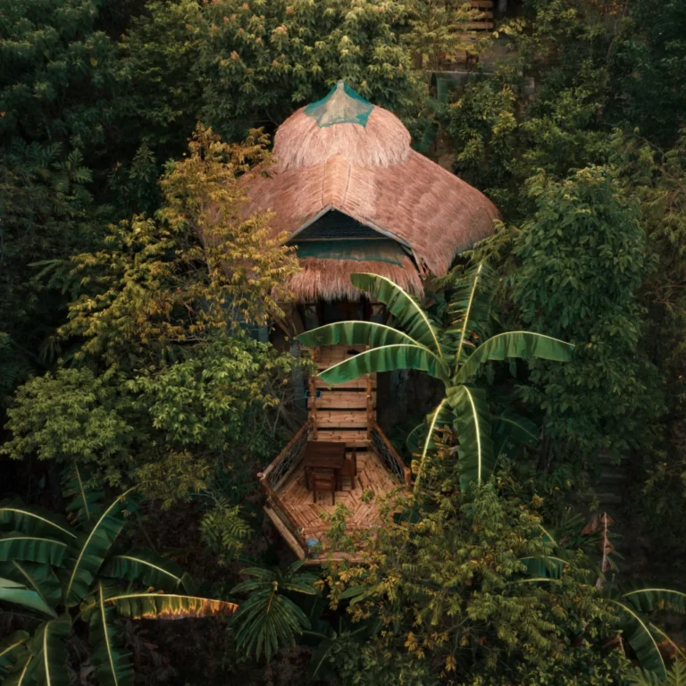 Aerial view of a traditional thatched-roof bamboo villa with a private wooden terrace surrounded by lush tropical greenery at Inigtan Lio, El Nido, Palawan.