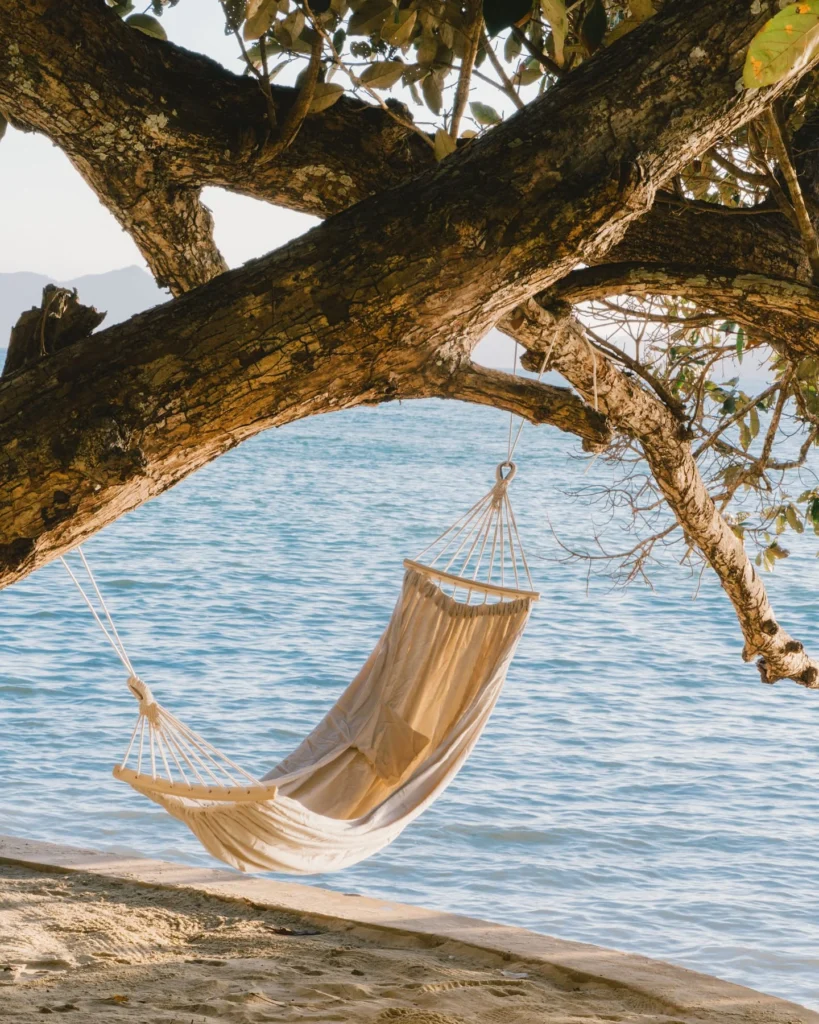 Hammock under a shoreline tree over turquoise water at Parada Beach Camp Linapacan Palawan