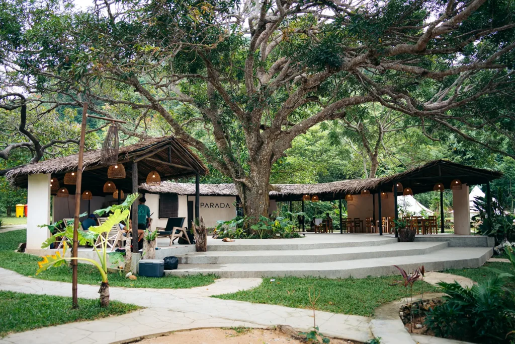 Open-air lounge and dining pavilion surrounded by trees at Parada Beach Camp